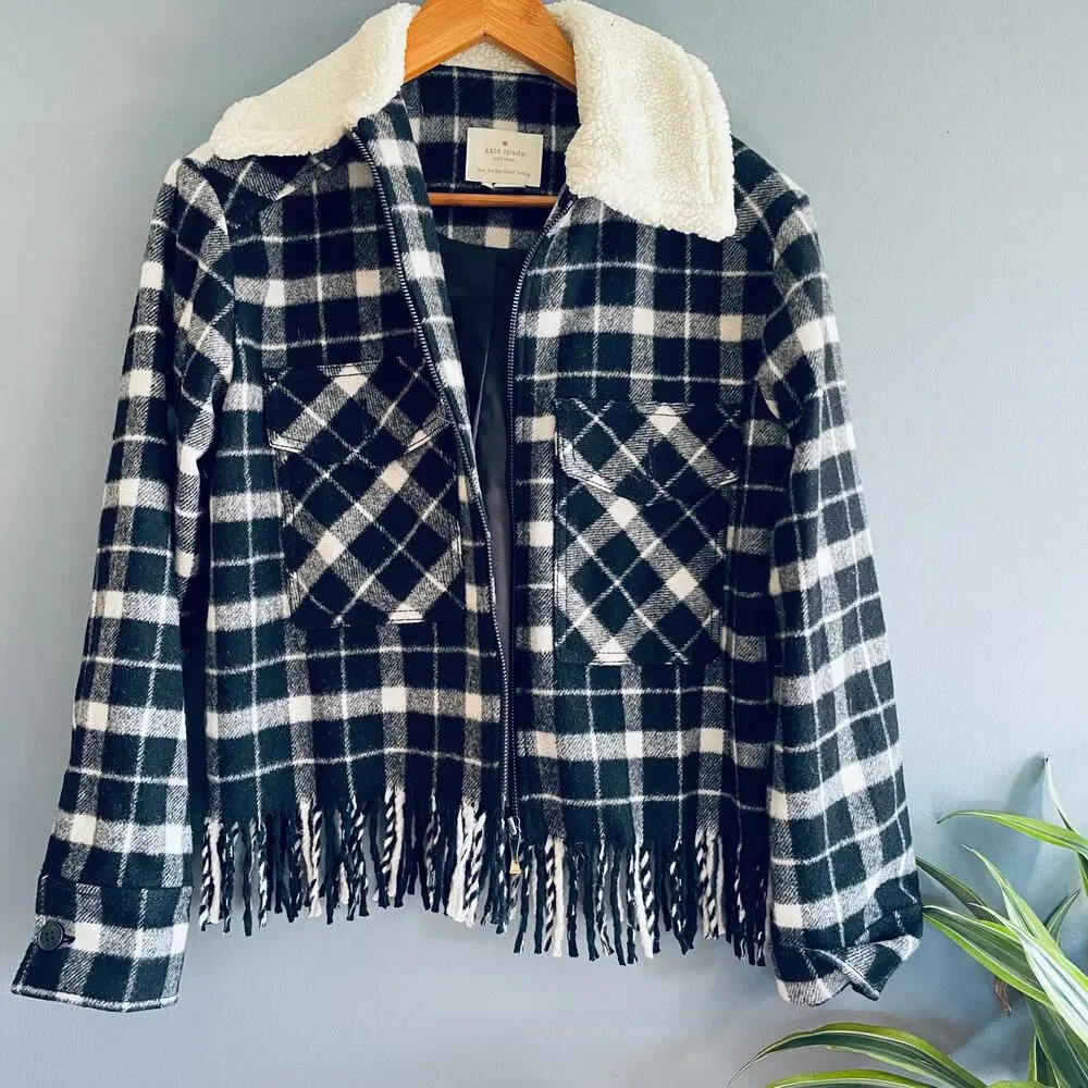 Kate Spade Wool Plaid Jacket XS Full Zip Fringe Sherpa Black White Western